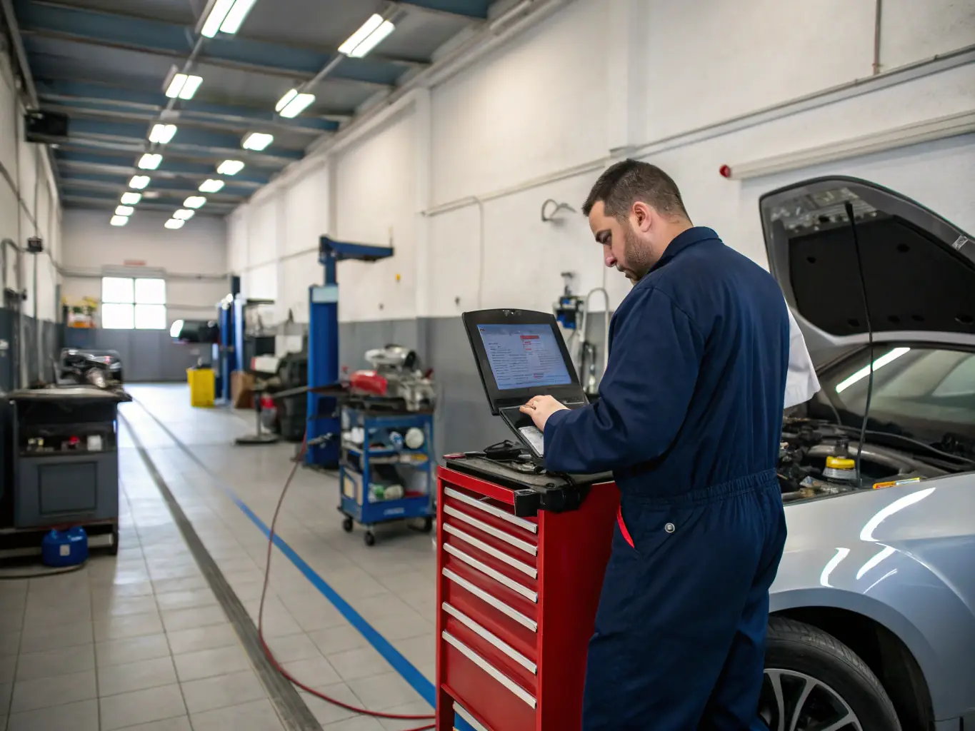 A mechanic diagnosing an engine problem using diagnostic equipment in the decent.auto.care workshop.